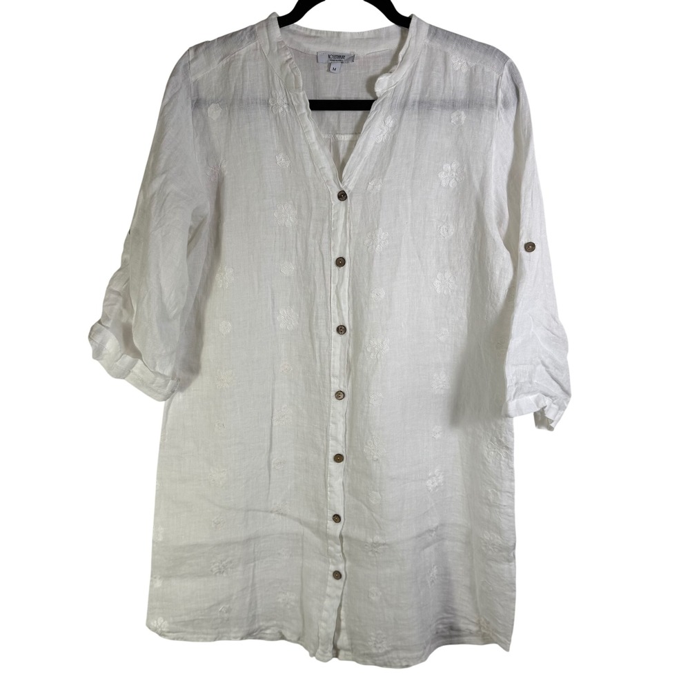 Rosemarine Made in Italy White 100% Linen Floral Embroidered Tunic Top Medium